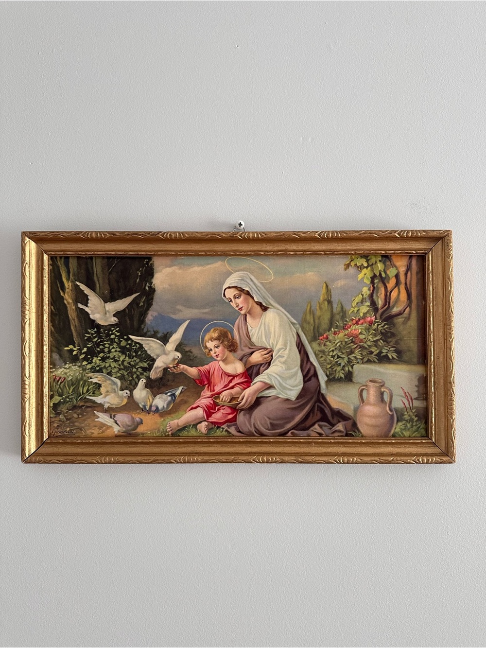 Madonna and Dove Framed Mary and Child Religious Wall Art in Gold frame